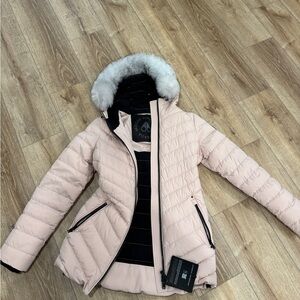 Moose Knuckles Light Pink Puffer Jacket with Fur Hood